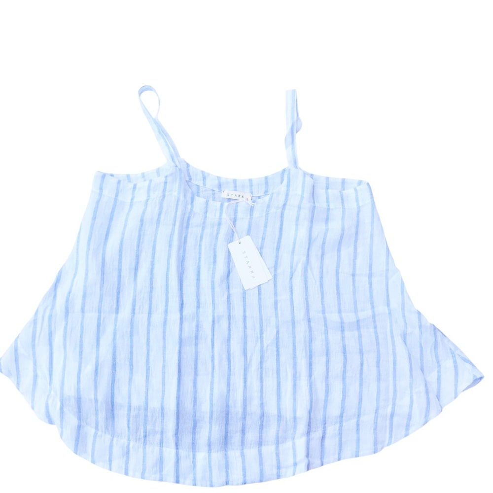 NWT New Large Stark X Blue and White Striped Top Tank Sleeveless 100% Linen